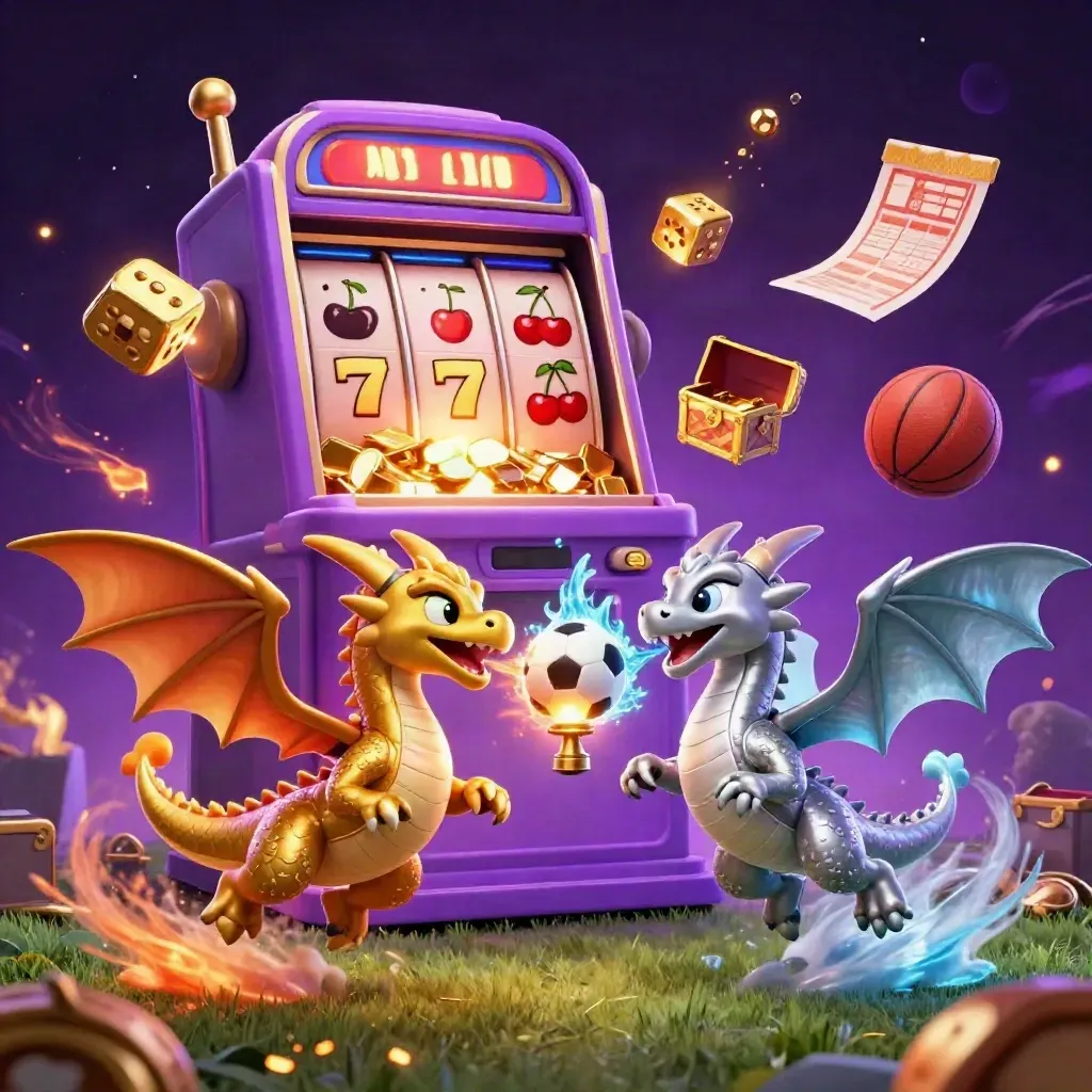 Gold and silver dragons swirl around a slot burst and sports balls in a purple-gold casino storm.