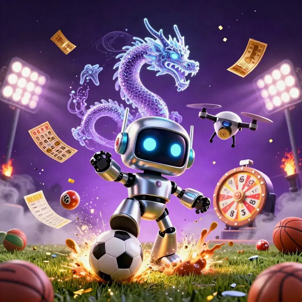 Cyberpunk robot, AI dragon and coin drone amid soccer, bingo and prize-wheel bursts.