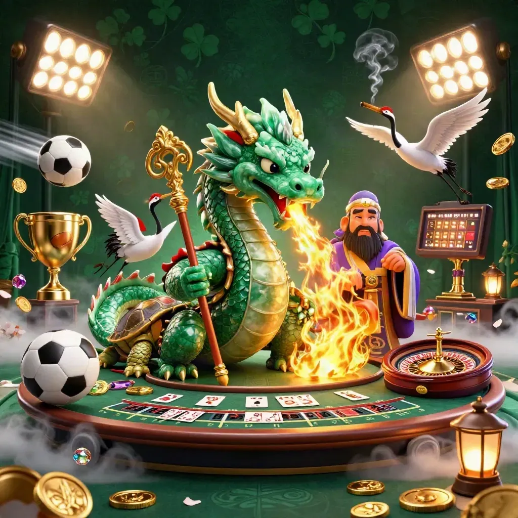 Emerald dragon, turtle sage and cranes in a luxe casino room with spinning game props.