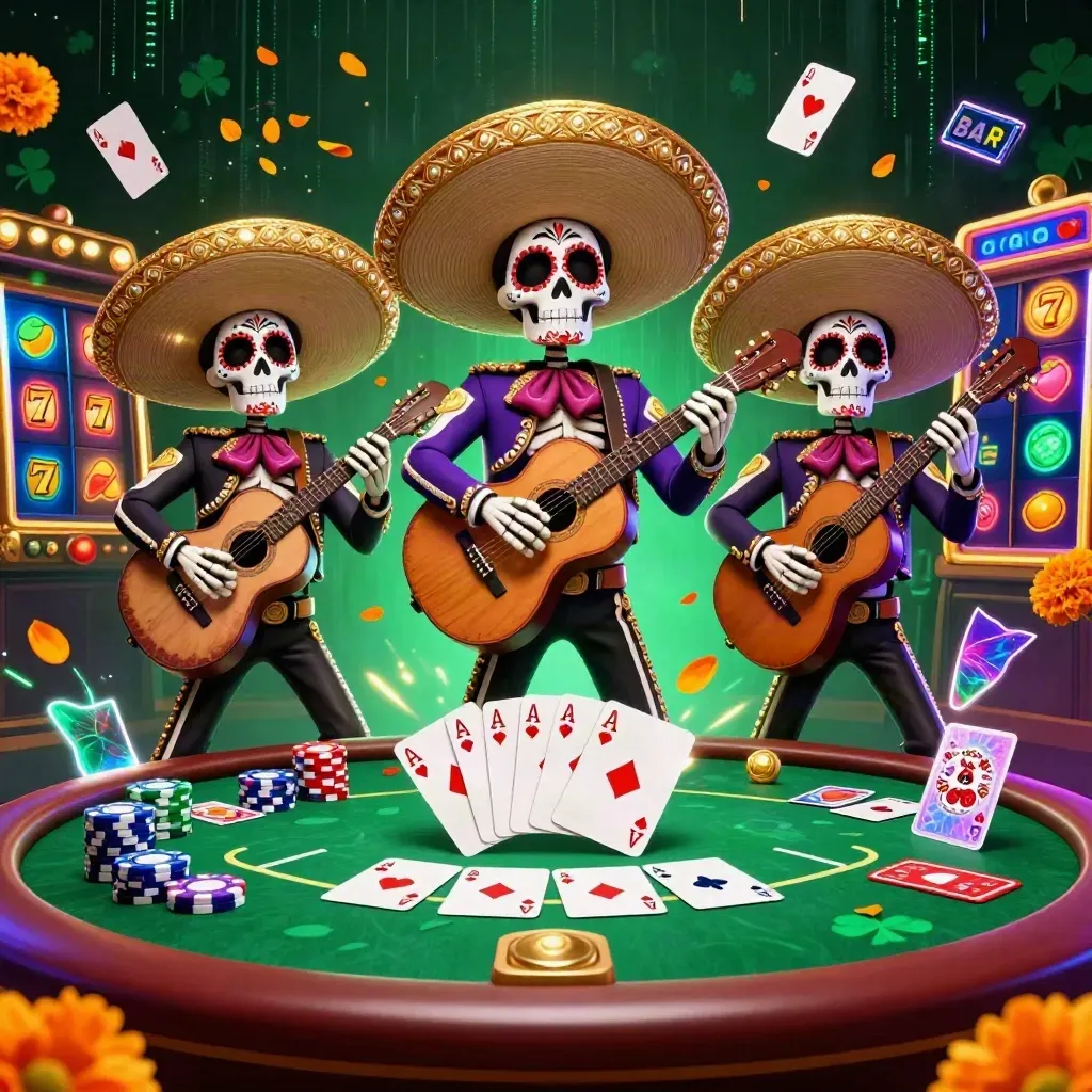 Day-of-the-Dead mariachi skeleton trio amid poker chips, aces, reels and neon casino sparks
