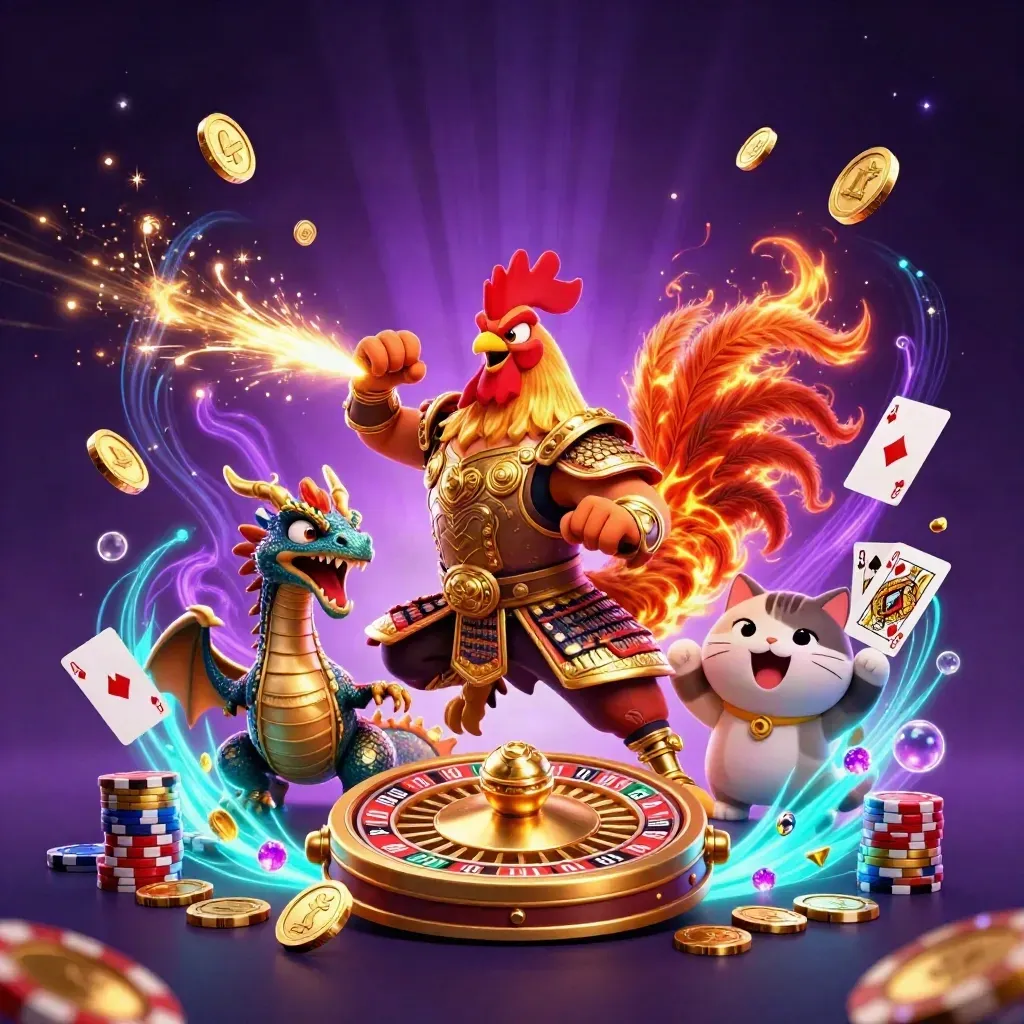 Rooster warrior, dragon hatchling, and fortune-cat amid casino coins, gems, roulette, cards, and chips.