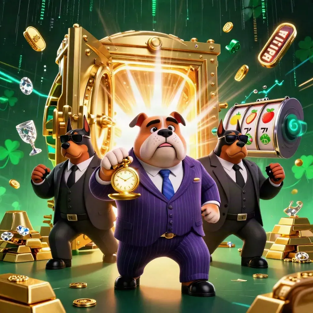 Mafia-boss bulldog and two Dobermans burst from a glowing vault amid gold, gems and cyan sparks.