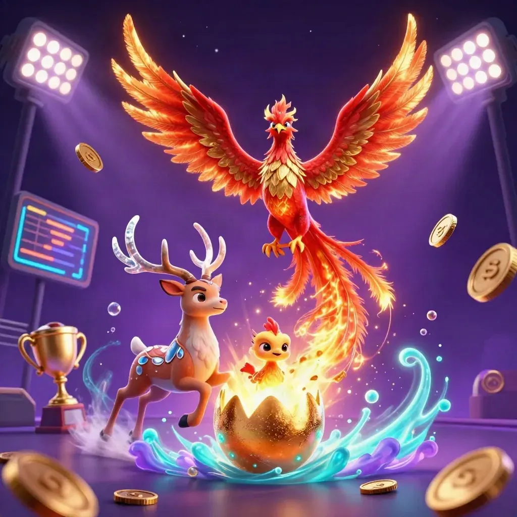 Phoenix, hatching baby phoenix, and crystal stag amid gold, balls, coins, and cyan-purple magic.