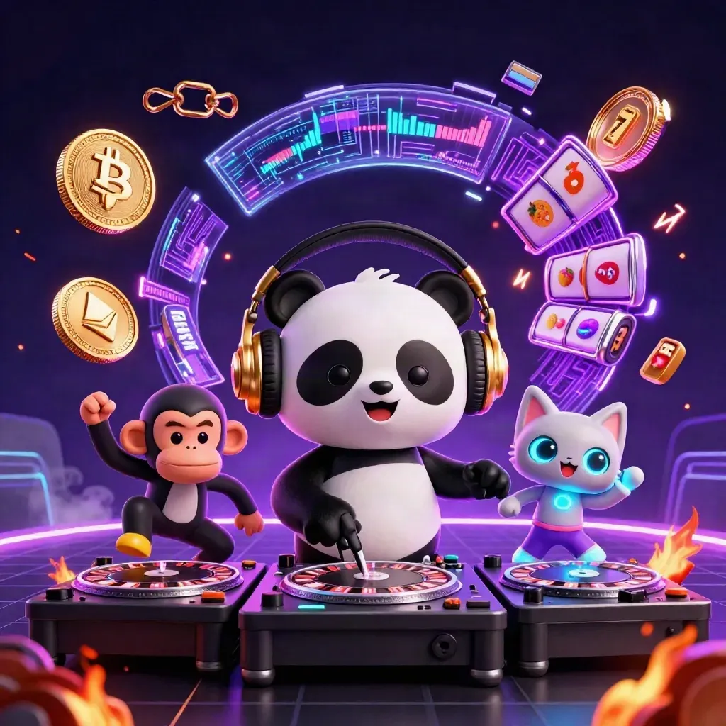 DJ panda, monkey, and rave kitten amid neon crypto coins, slots, and purple casino energy