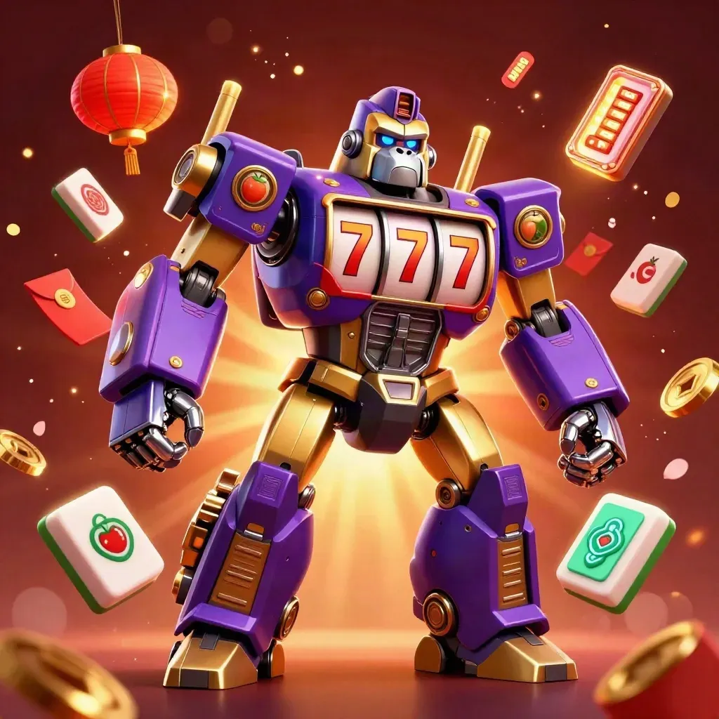 Golden gorilla slot-mech with tiny pilot, reels and coins exploding in a regal casino blaze.